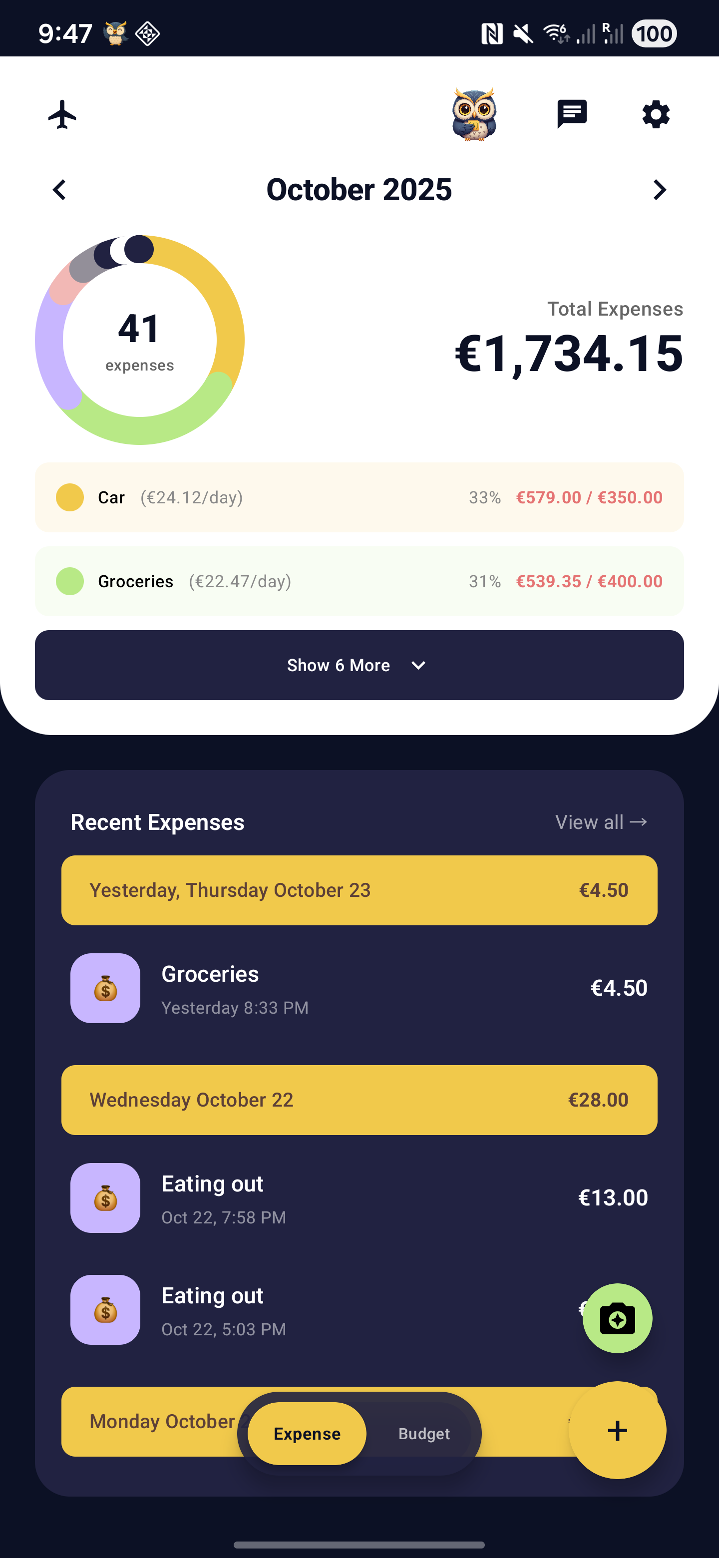 Home screen with expenses